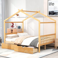 Elegant Full Size Platform Bed With Two Storage Drawers And Stylish Headboard, Footboard, And Roof Design In White