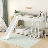 Twin Over Twin Metal Bunk Bed With Slide In White Finish