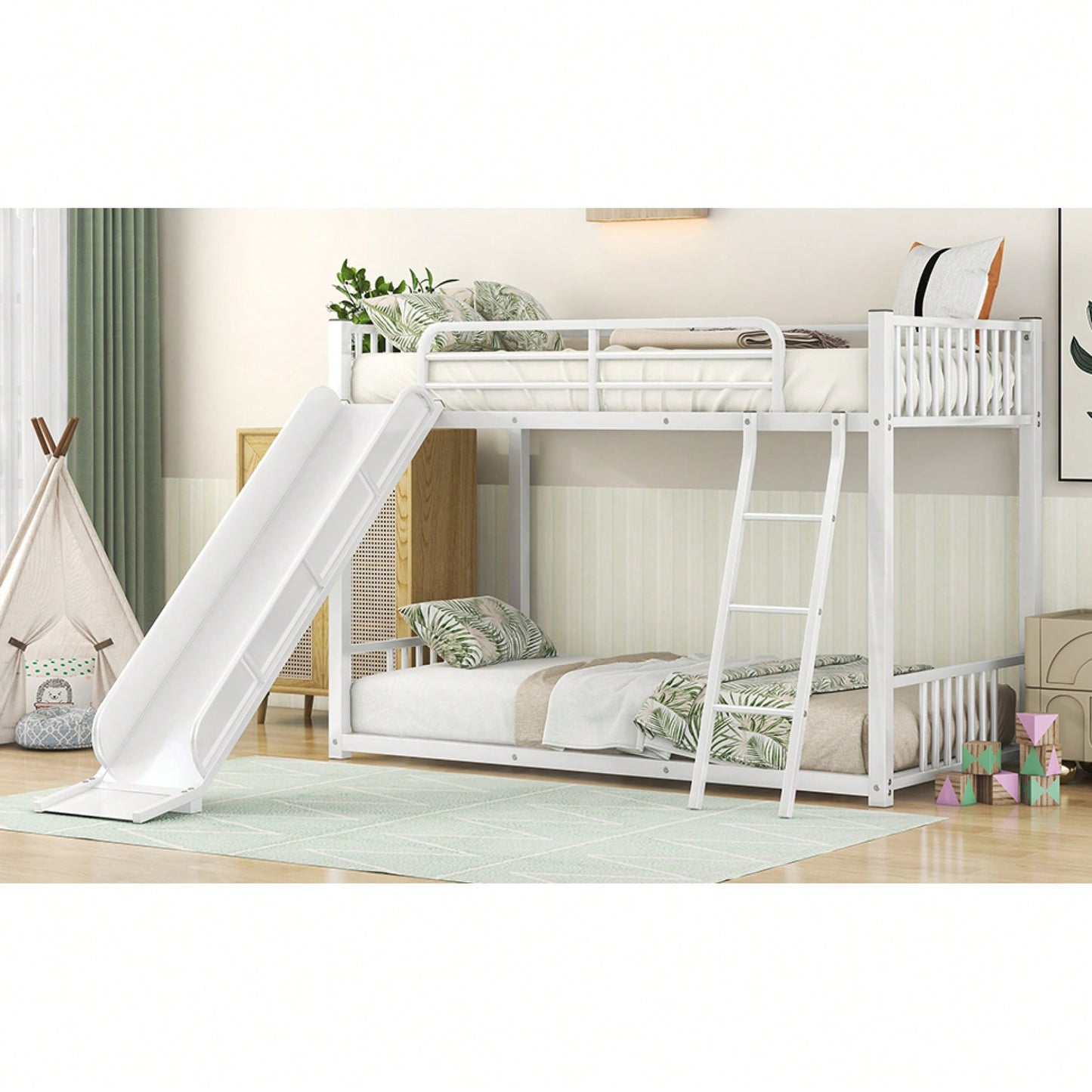 Twin Over Twin Metal Bunk Bed With Slide In White Finish