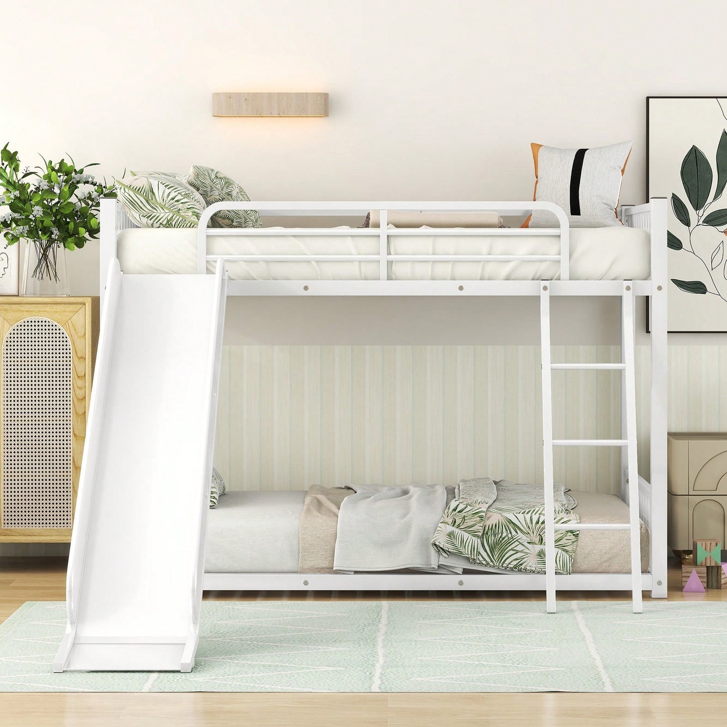 Twin Over Twin Metal Bunk Bed With Slide In White Finish