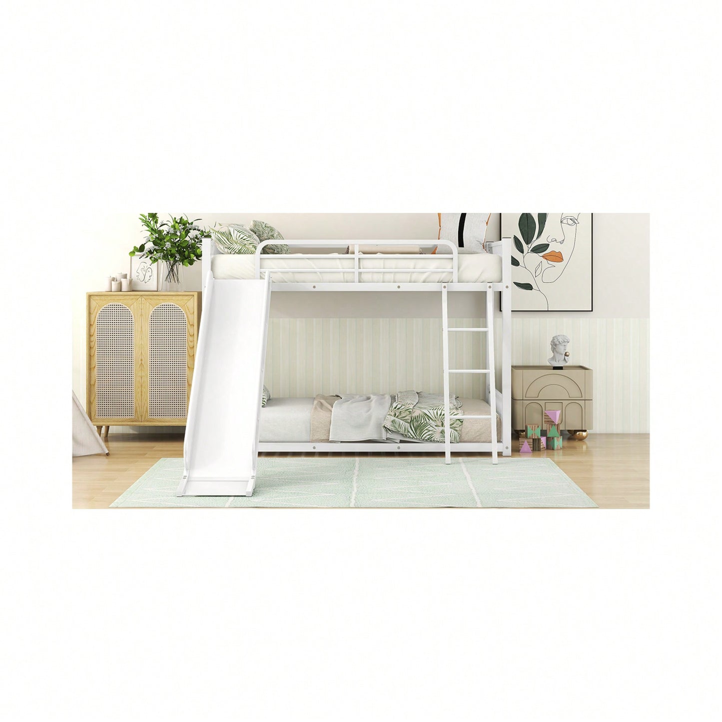 Twin Over Twin Metal Bunk Bed With Slide In White Finish