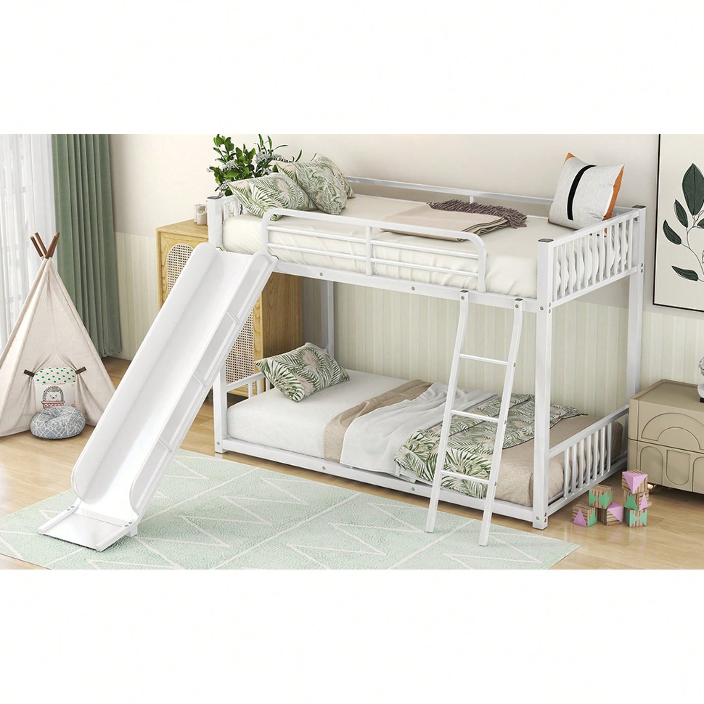 Twin Over Twin Metal Bunk Bed With Slide In White Finish