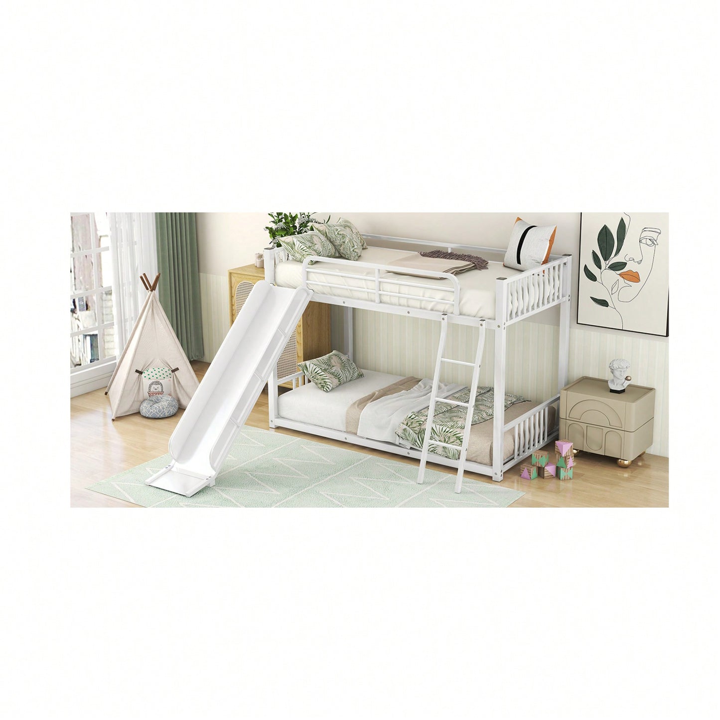 Twin Over Twin Metal Bunk Bed With Slide In White Finish