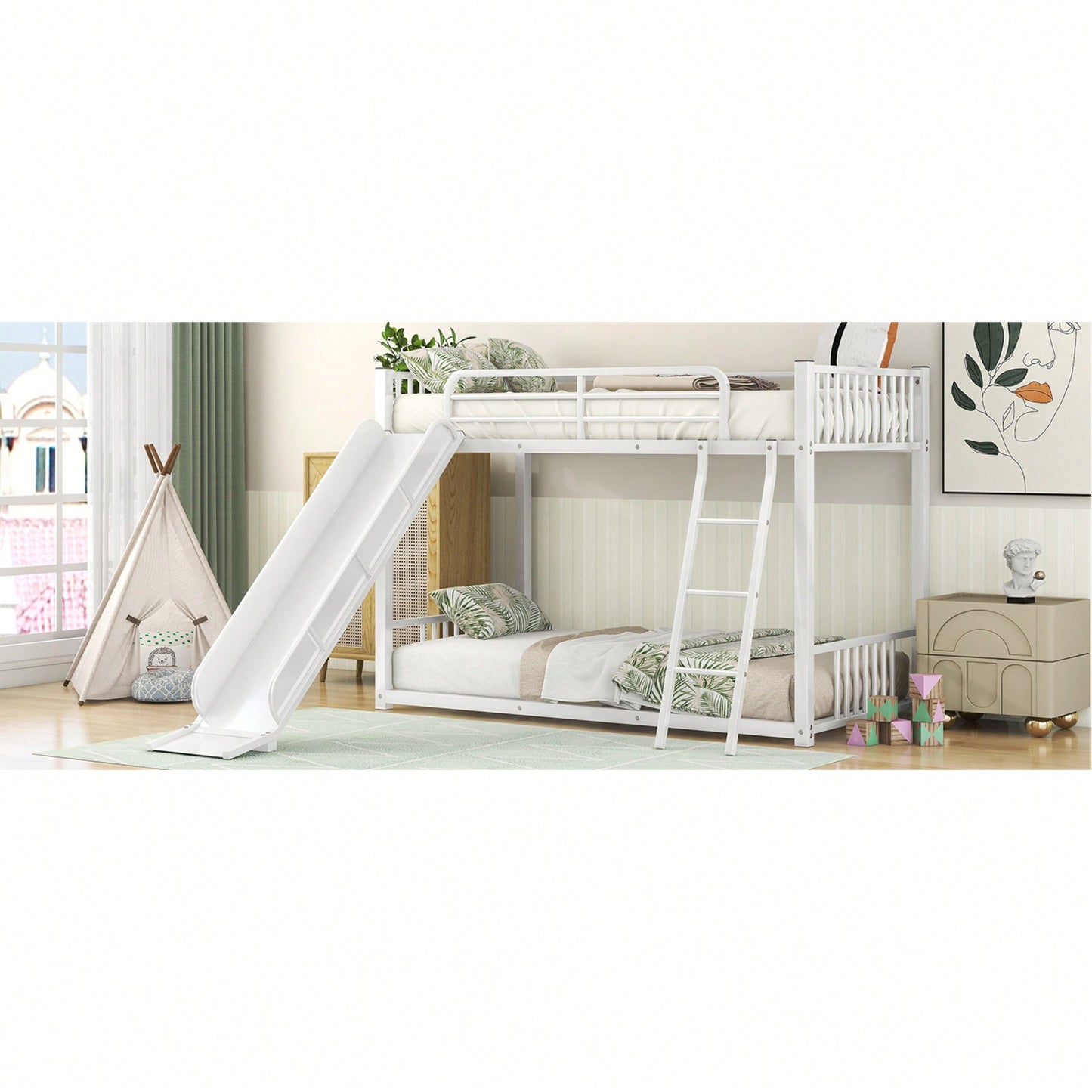 Twin Over Twin Metal Bunk Bed With Slide In White Finish