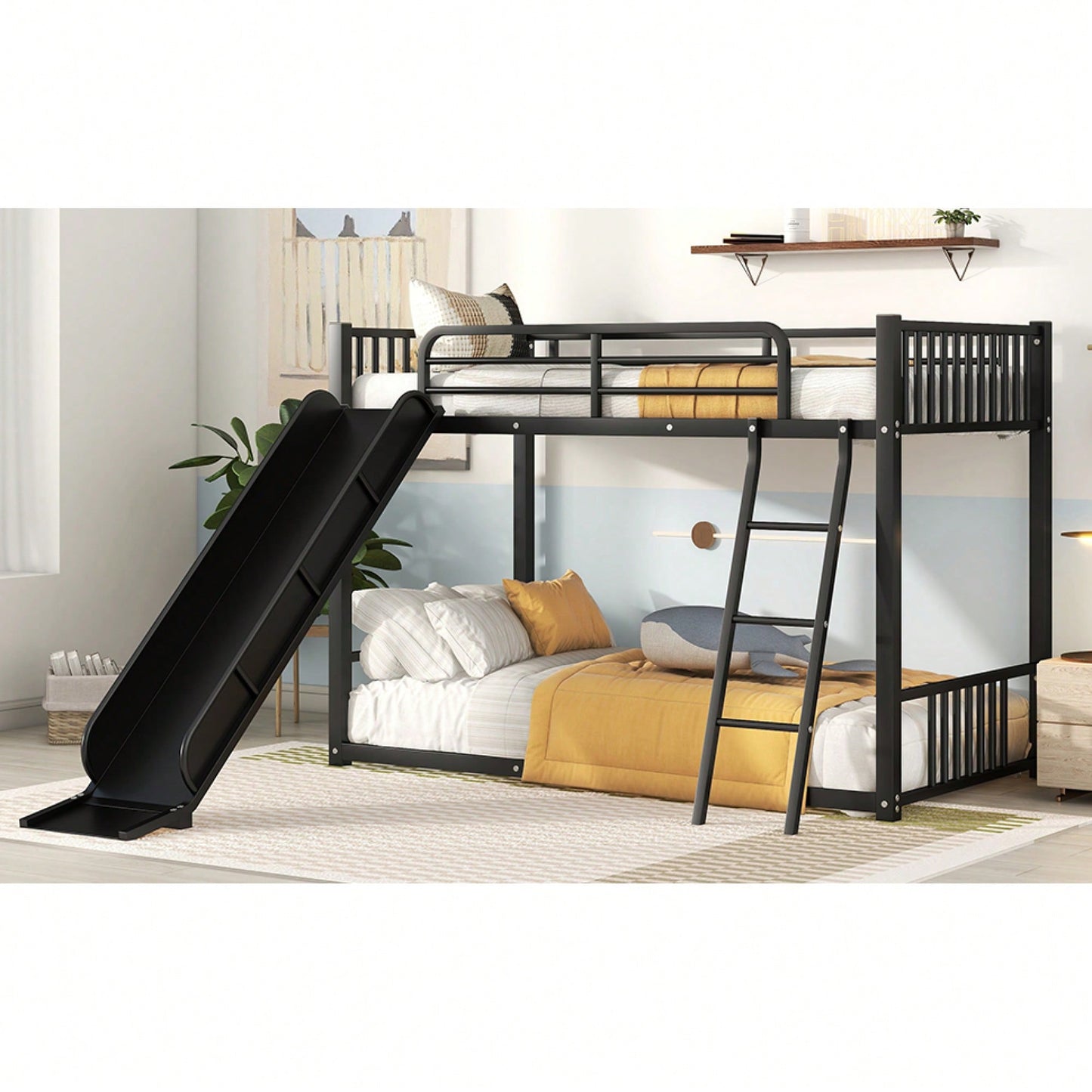 Twin Over Twin Metal Bunk Bed With Slide In White Finish