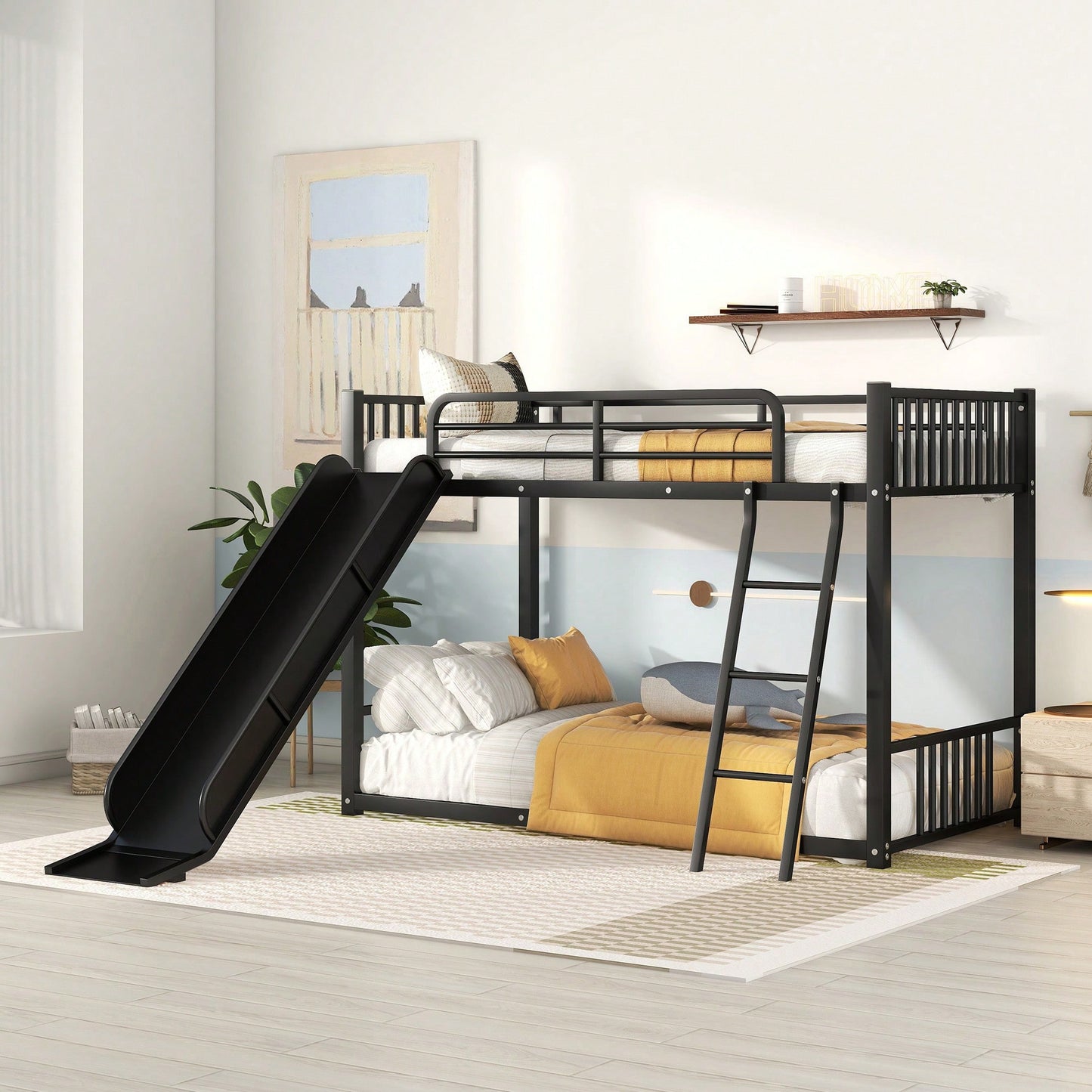 Twin Over Twin Metal Bunk Bed With Slide In White Finish