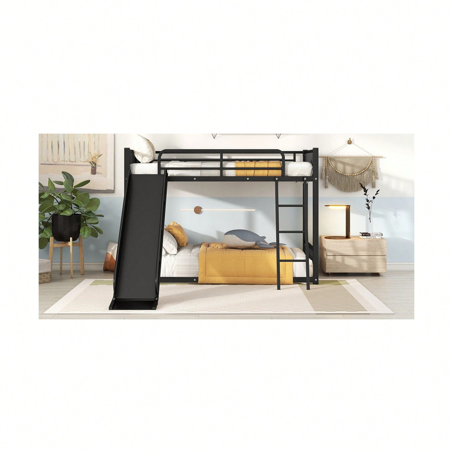 Twin Over Twin Metal Bunk Bed With Slide In White Finish