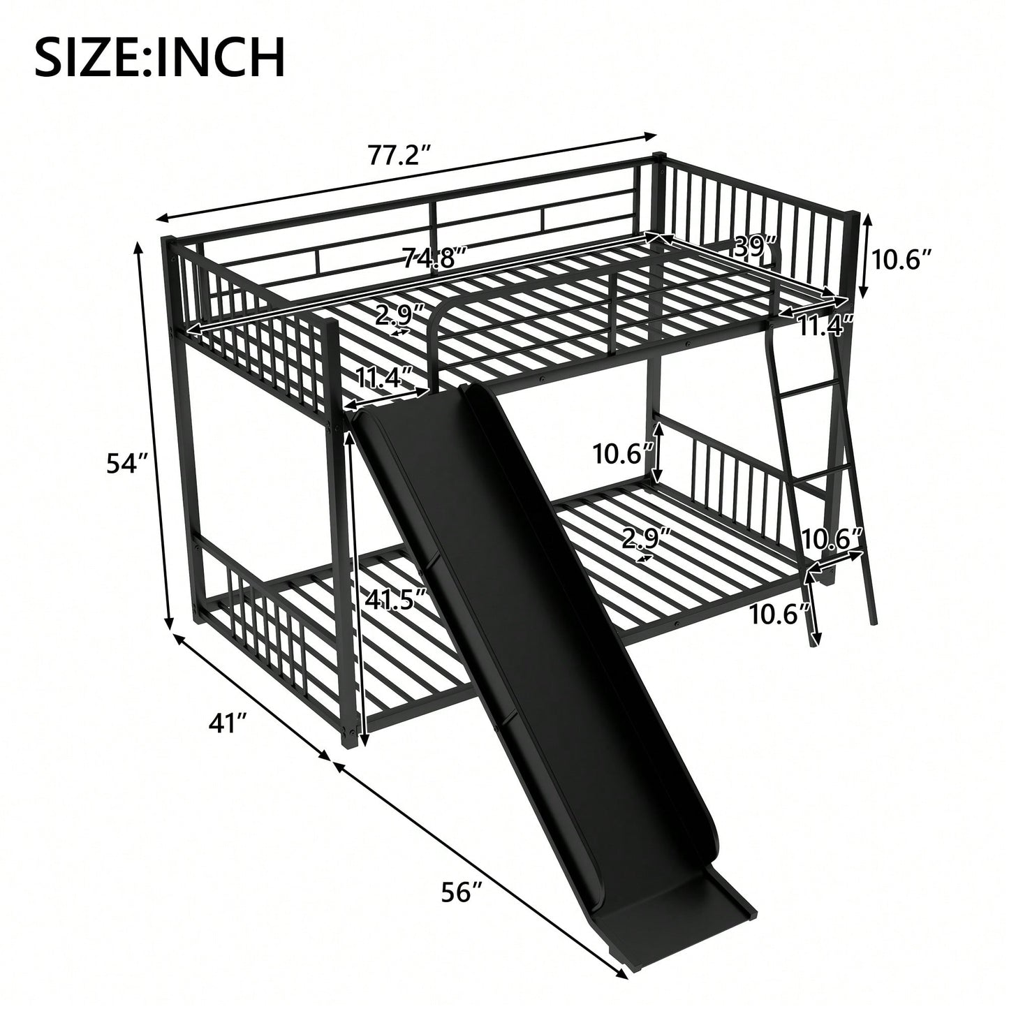 Twin Over Twin Metal Bunk Bed With Slide In White Finish