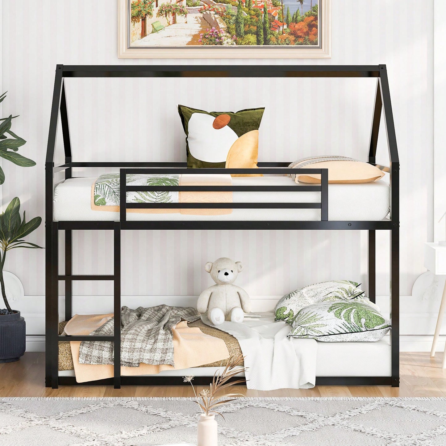 Twin Over Twin House Bunk Bed With Integrated Ladder In Black Finish