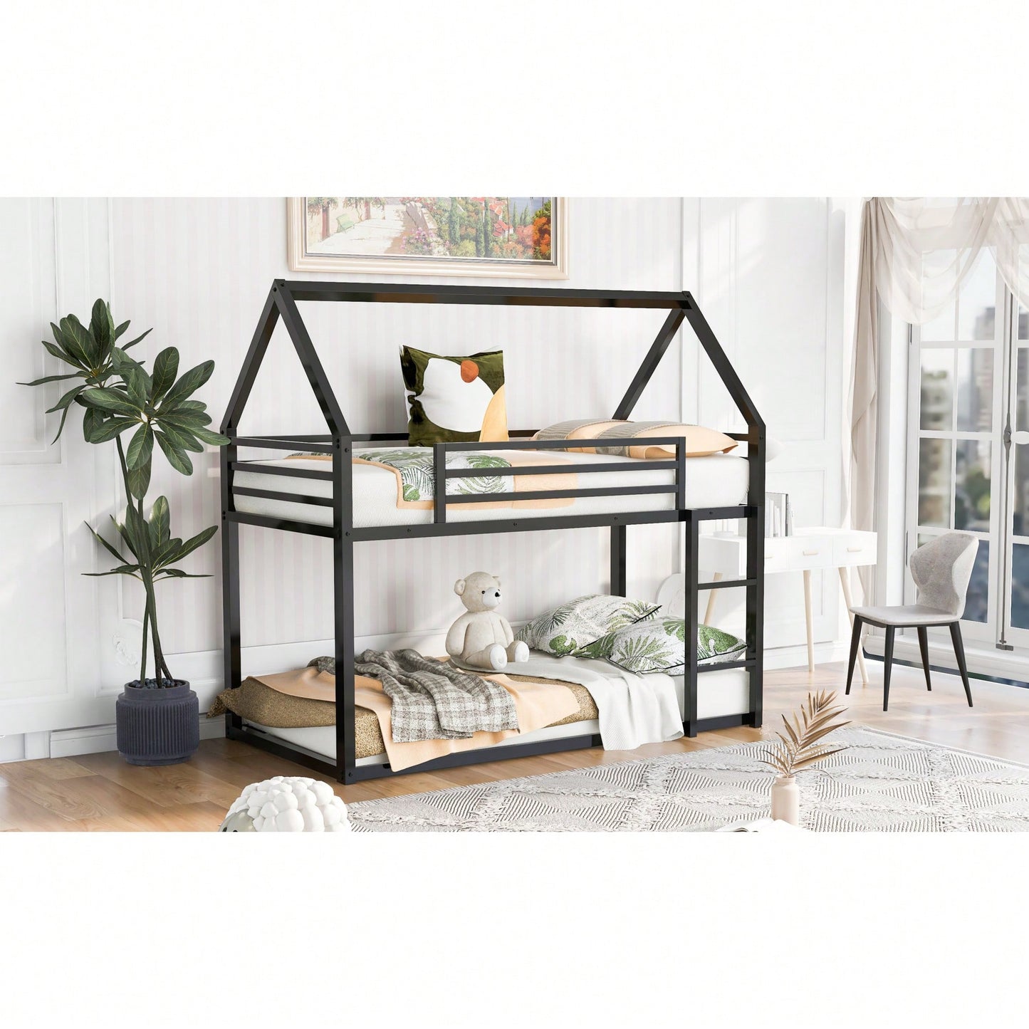 Twin Over Twin House Bunk Bed With Integrated Ladder In Black Finish