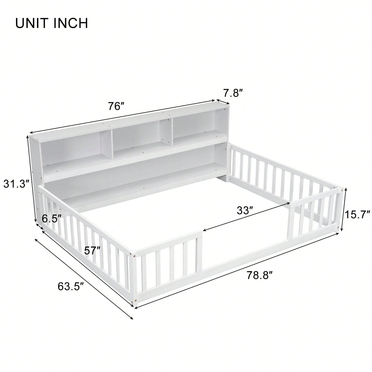 Full Floor Bed With Side Bookcase And Shelves In Grey With Guardrails For Safe Sleeping