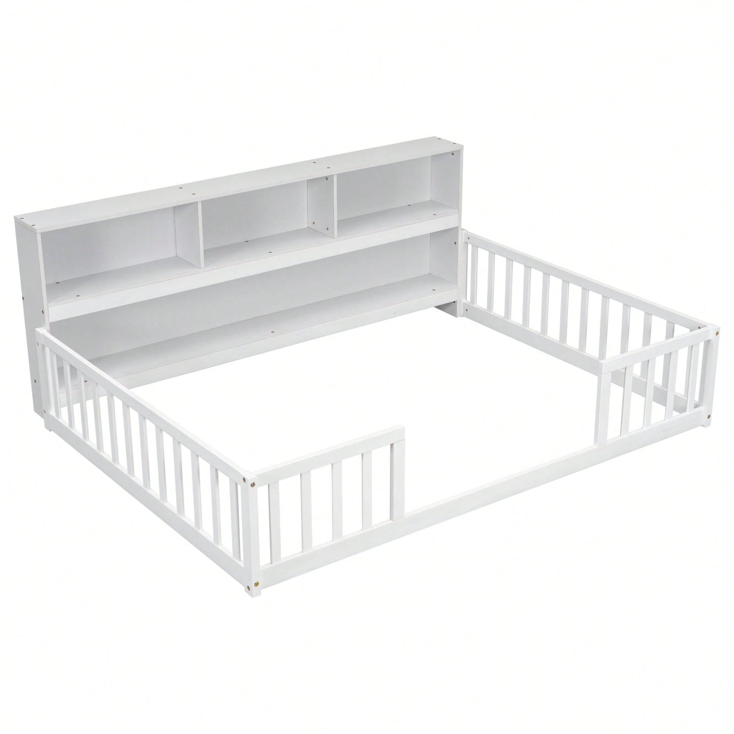 Full Floor Bed With Side Bookcase And Shelves In Grey With Guardrails For Safe Sleeping