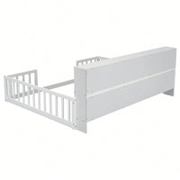 Full Floor Bed With Side Bookcase And Shelves In Grey With Guardrails For Safe Sleeping