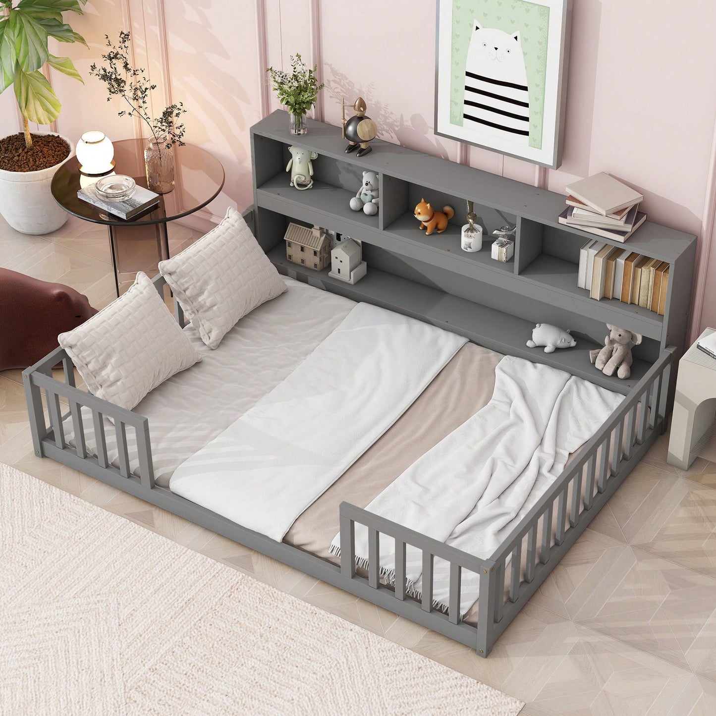 Full Floor Bed With Side Bookcase And Shelves In Grey With Guardrails For Safe Sleeping