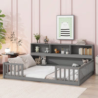 Full Floor Bed With Side Bookcase And Shelves In Grey With Guardrails For Safe Sleeping