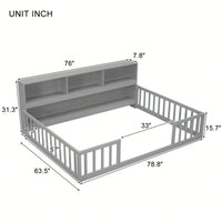 Full Floor Bed With Side Bookcase And Shelves In Grey With Guardrails For Safe Sleeping