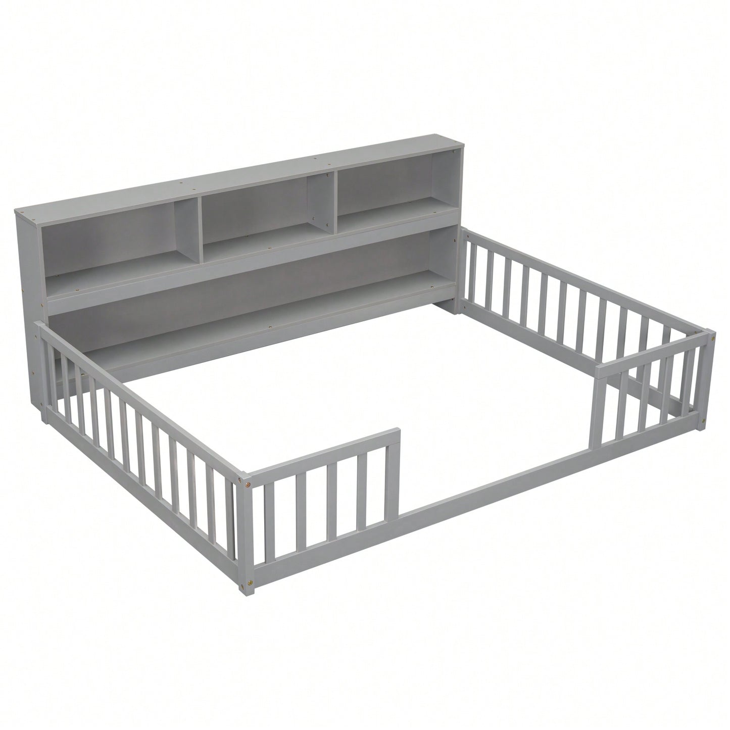 Full Floor Bed With Side Bookcase And Shelves In Grey With Guardrails For Safe Sleeping