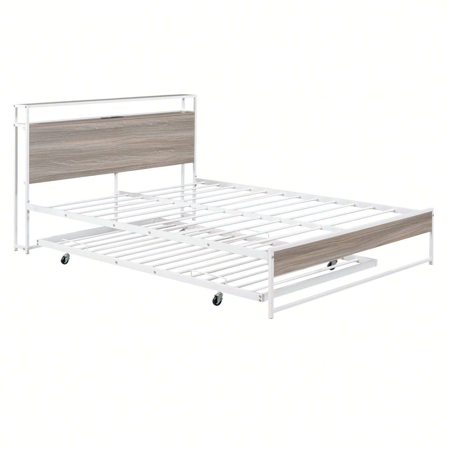 Queen Size Metal Platform Bed Frame With Trundle USB Ports And Slat Support No Box Spring Required Black