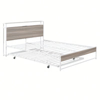 Queen Size Metal Platform Bed Frame With Trundle USB Ports And Slat Support No Box Spring Required Black