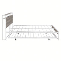 Queen Size Metal Platform Bed Frame With Trundle USB Ports And Slat Support No Box Spring Required Black