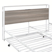 Queen Size Metal Platform Bed Frame With Trundle USB Ports And Slat Support No Box Spring Required Black