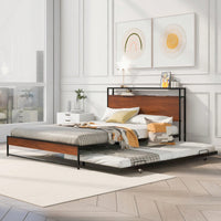 Queen Size Metal Platform Bed Frame With Trundle USB Ports And Slat Support No Box Spring Required Black