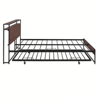 Queen Size Metal Platform Bed Frame With Trundle USB Ports And Slat Support No Box Spring Required Black