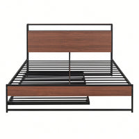 Queen Size Metal Platform Bed Frame With Trundle USB Ports And Slat Support No Box Spring Required Black