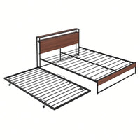 Queen Size Metal Platform Bed Frame With Trundle USB Ports And Slat Support No Box Spring Required Black