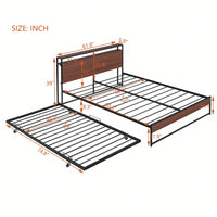 Queen Size Metal Platform Bed Frame With Trundle USB Ports And Slat Support No Box Spring Required Black