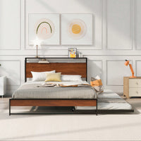 Queen Size Metal Platform Bed Frame With Trundle USB Ports And Slat Support No Box Spring Required Black