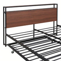 Queen Size Metal Platform Bed Frame With Trundle USB Ports And Slat Support No Box Spring Required Black