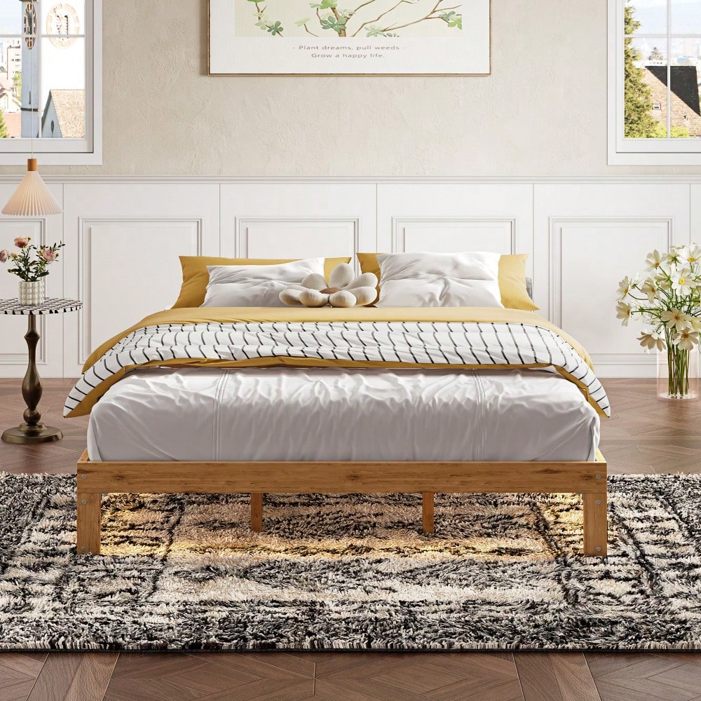 Rustic Pine Queen Size Solid Wood Platform Bed Frame With Slat Support Easy Assembly No Box Spring Required 12 Inch Height