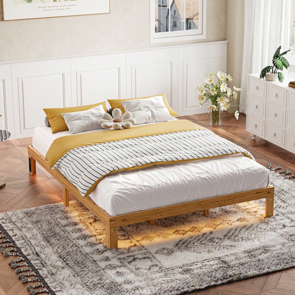 Rustic Pine Queen Size Solid Wood Platform Bed Frame With Slat Support Easy Assembly No Box Spring Required 12 Inch Height