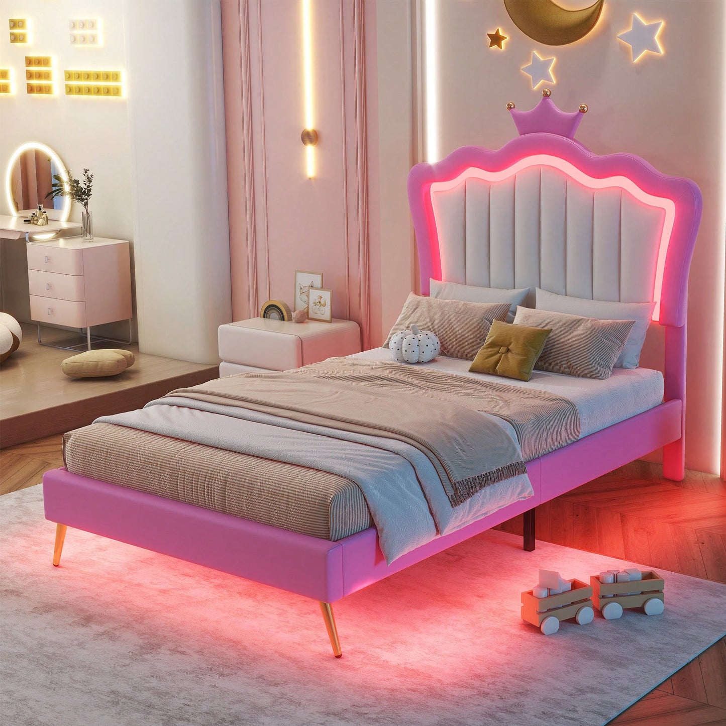 Modern Twin Upholstered Bed Frame With LED Lights And Crown Headboard In Pink And White For A Stylish Princess Bedroom
