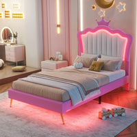 Modern Twin Upholstered Bed Frame With LED Lights And Crown Headboard In Pink And White For A Stylish Princess Bedroom