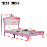 Modern Twin Upholstered Bed Frame With LED Lights And Crown Headboard In Pink And White For A Stylish Princess Bedroom