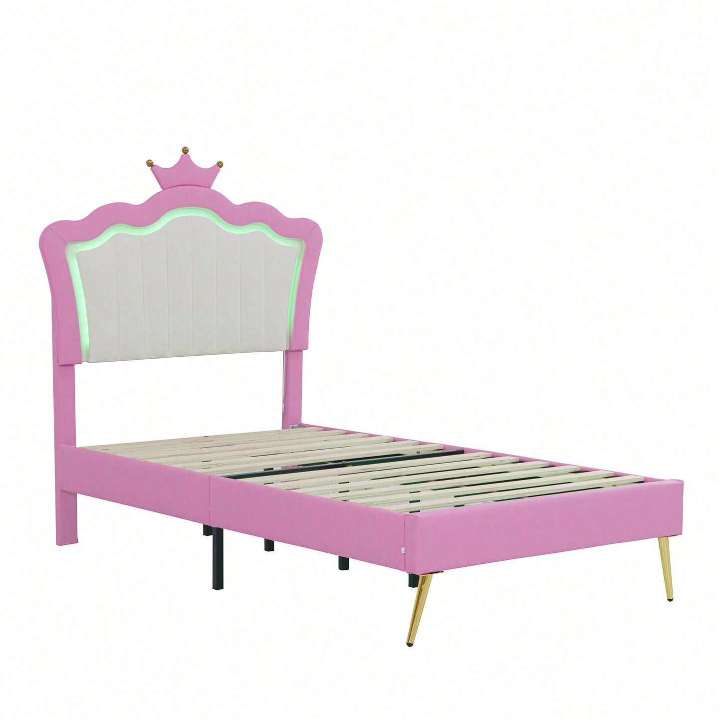 Modern Twin Upholstered Bed Frame With LED Lights And Crown Headboard In Pink And White For A Stylish Princess Bedroom