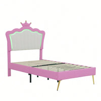 Modern Twin Upholstered Bed Frame With LED Lights And Crown Headboard In Pink And White For A Stylish Princess Bedroom