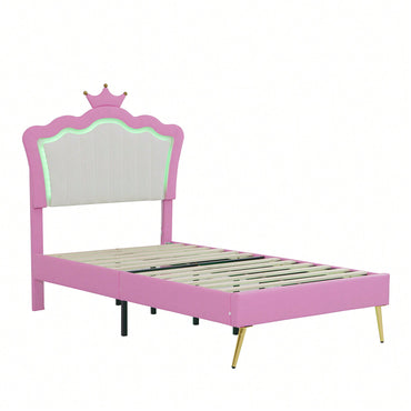 Modern Twin Upholstered Bed Frame With LED Lights And Crown Headboard In Pink And White For A Stylish Princess Bedroom