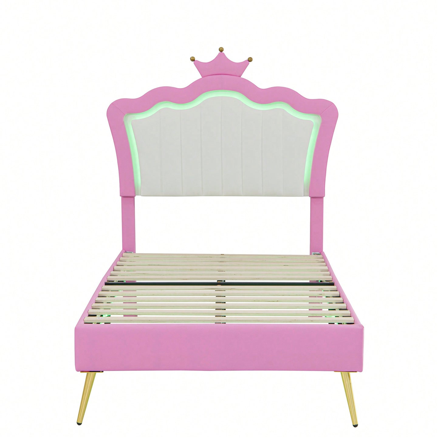 Modern Twin Upholstered Bed Frame With LED Lights And Crown Headboard In Pink And White For A Stylish Princess Bedroom
