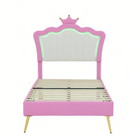 Modern Twin Upholstered Bed Frame With LED Lights And Crown Headboard In Pink And White For A Stylish Princess Bedroom