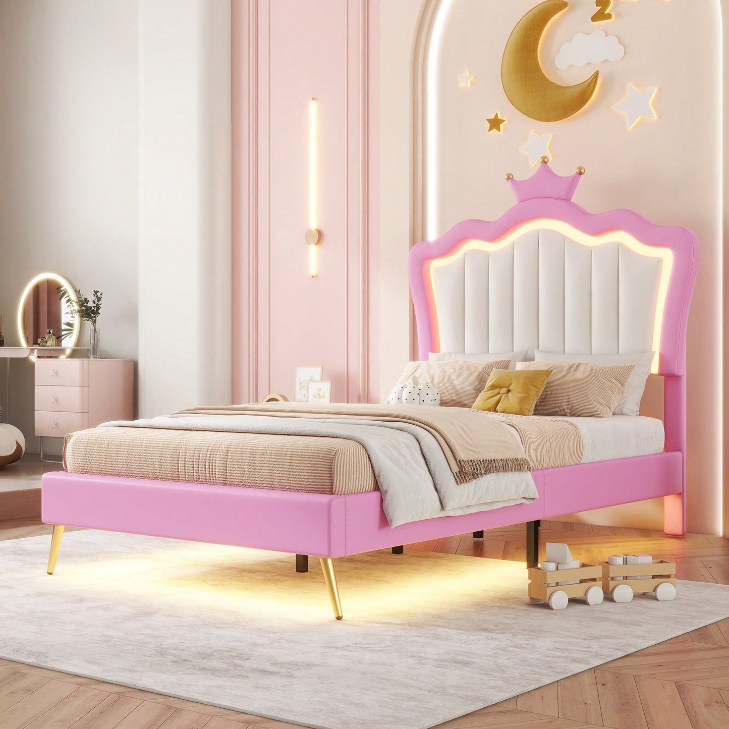 Modern Twin Upholstered Bed Frame With LED Lights And Crown Headboard In Pink And White For A Stylish Princess Bedroom