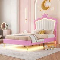 Modern Twin Upholstered Bed Frame With LED Lights And Crown Headboard In Pink And White For A Stylish Princess Bedroom