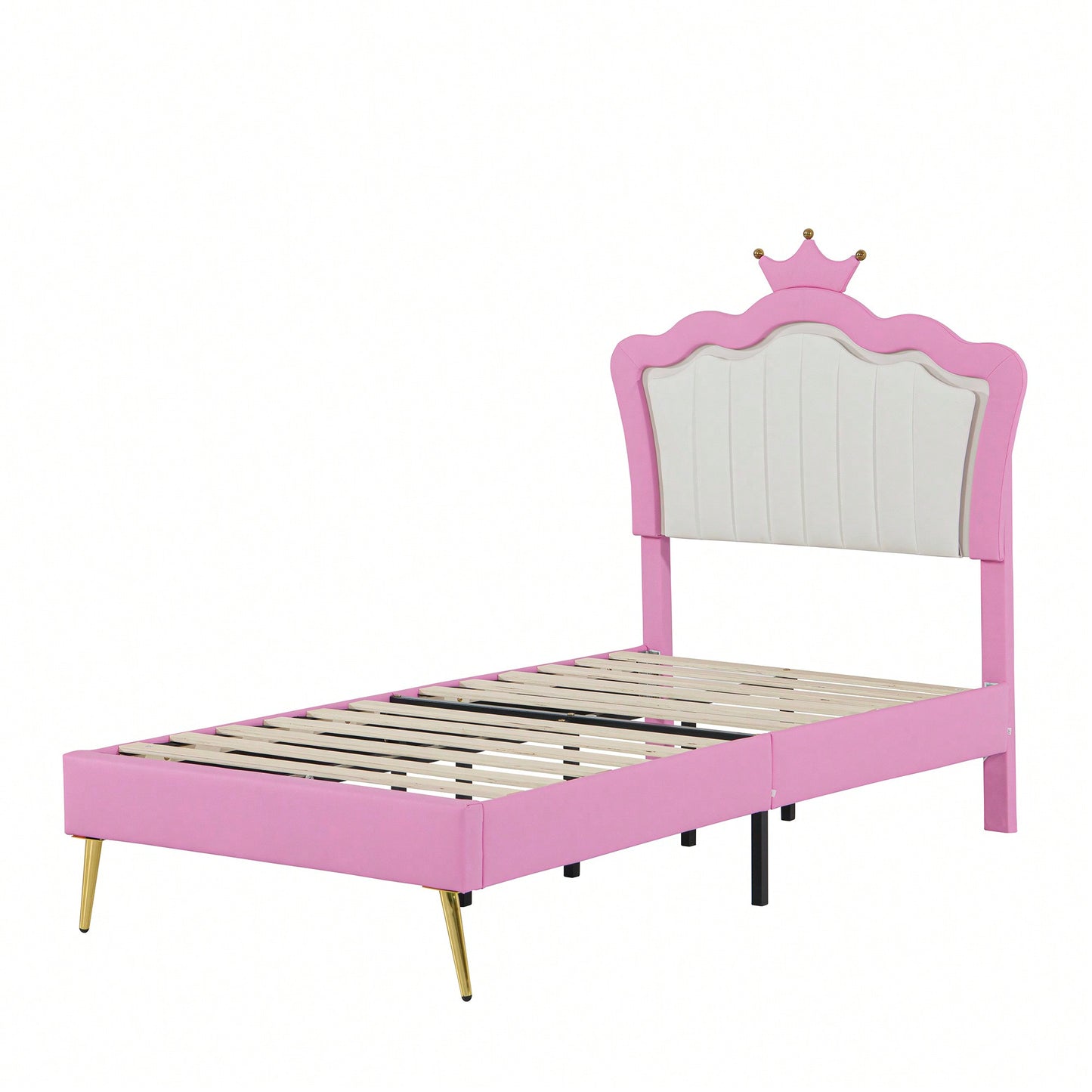 Modern Twin Upholstered Bed Frame With LED Lights And Crown Headboard In Pink And White For A Stylish Princess Bedroom