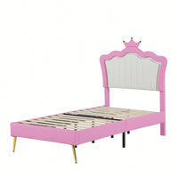 Modern Twin Upholstered Bed Frame With LED Lights And Crown Headboard In Pink And White For A Stylish Princess Bedroom