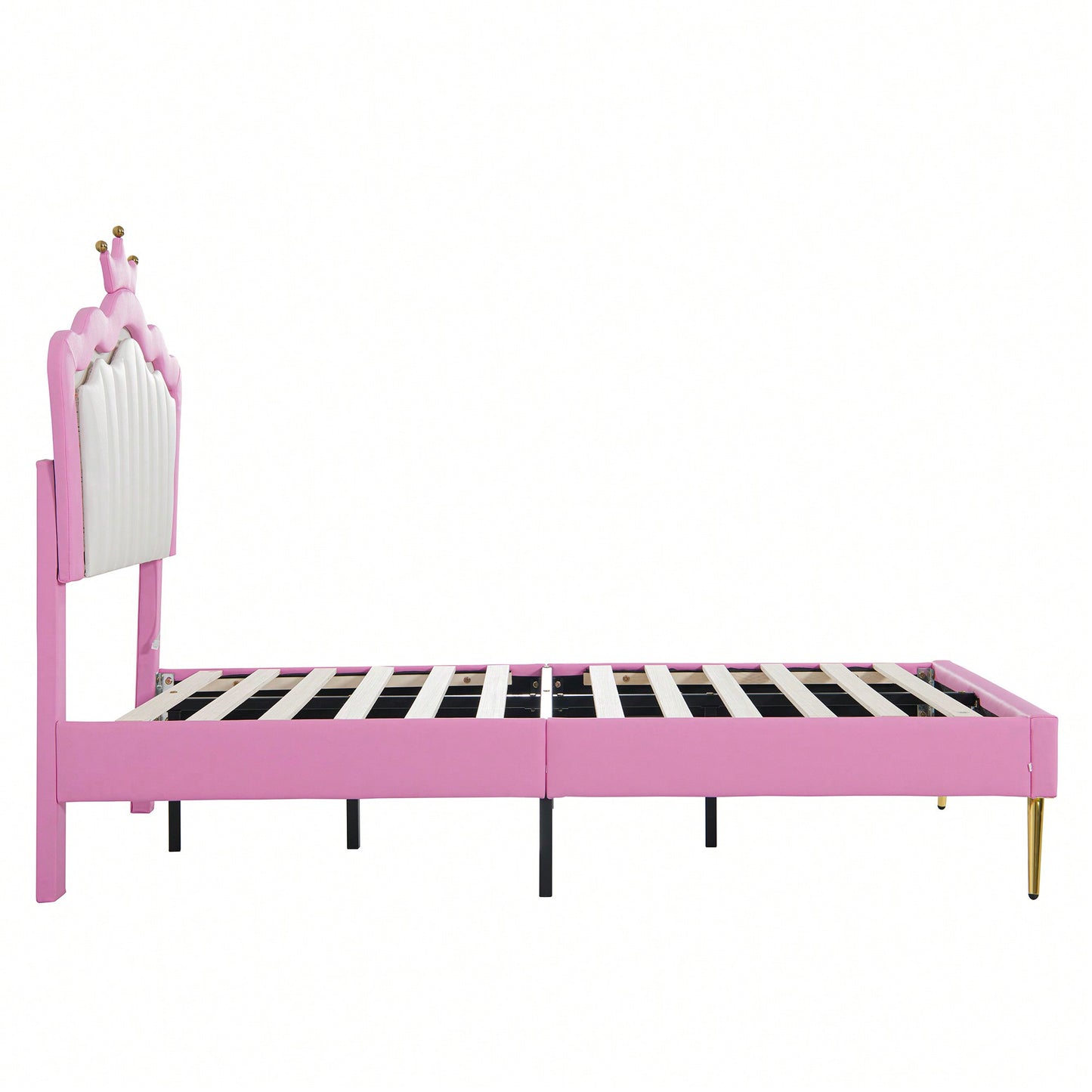 Modern Twin Upholstered Bed Frame With LED Lights And Crown Headboard In Pink And White For A Stylish Princess Bedroom
