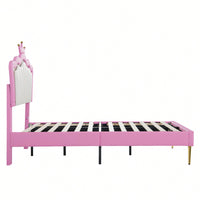 Modern Twin Upholstered Bed Frame With LED Lights And Crown Headboard In Pink And White For A Stylish Princess Bedroom