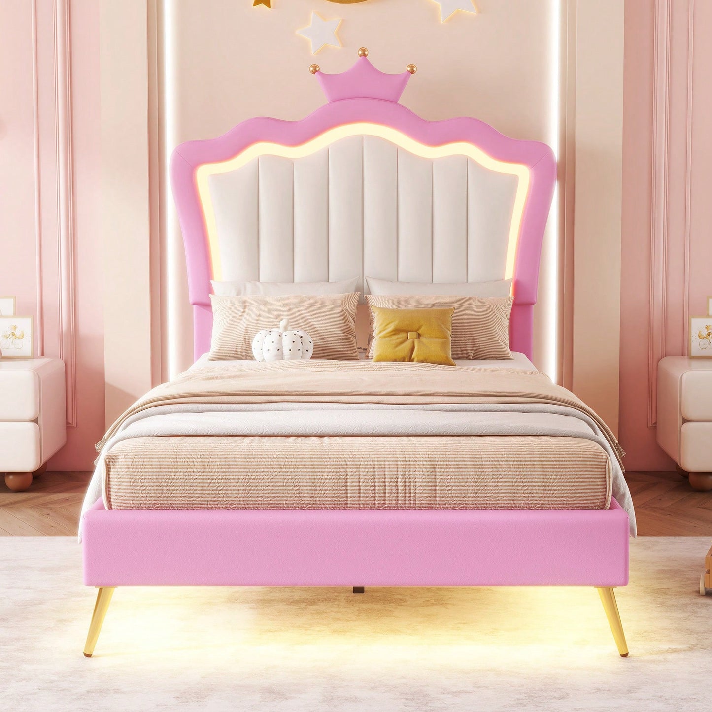 Modern Twin Upholstered Bed Frame With LED Lights And Crown Headboard In Pink And White For A Stylish Princess Bedroom