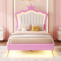 Modern Twin Upholstered Bed Frame With LED Lights And Crown Headboard In Pink And White For A Stylish Princess Bedroom